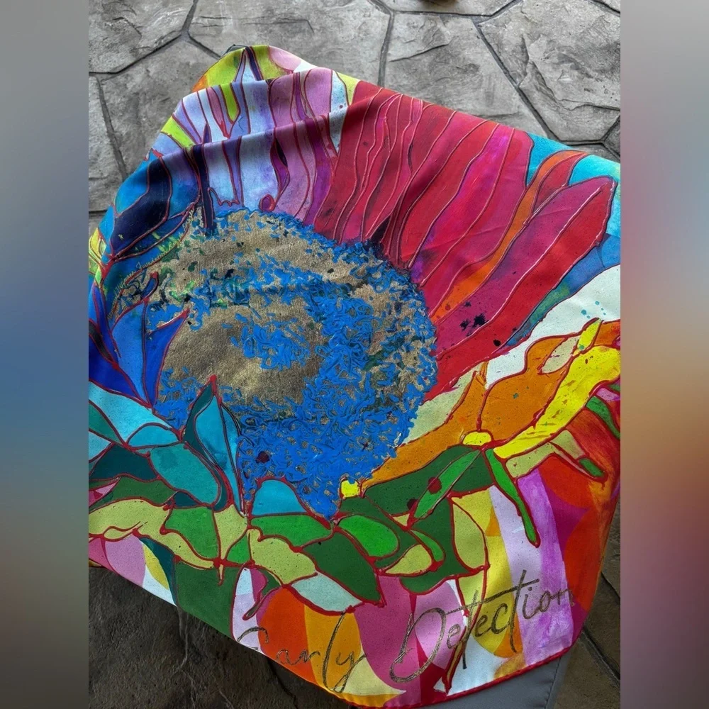 Roki Design Silk Scarf “Early Detection Saves Lives” Italian Silk Twill 35”